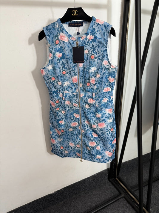 25 Summer New Style Pink Flower Print Zipper Sleeveless Vest Dress