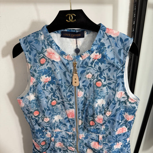25 Summer New Style Pink Flower Print Zipper Sleeveless Vest Dress