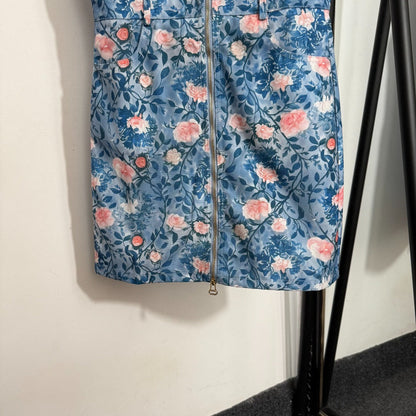 25 Summer New Style Pink Flower Print Zipper Sleeveless Vest Dress