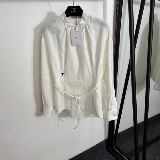 25 Summer New Temperament Commuter Bee Embroidery Tie Waist Long Sleeve Shirt Top