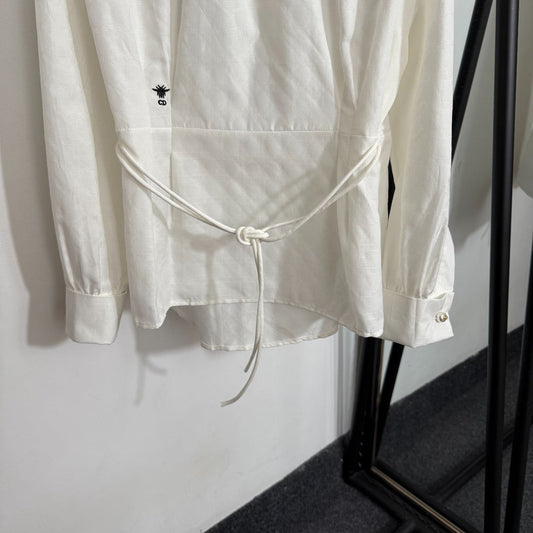 25 Summer New Temperament Commuter Bee Embroidery Tie Waist Long Sleeve Shirt Top