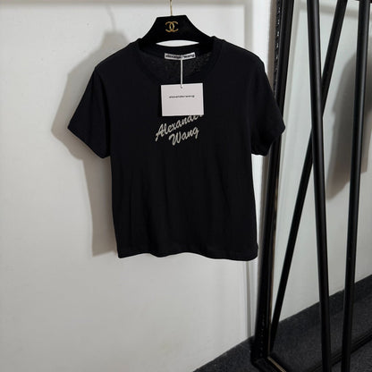 25 Summer New Hot Diamond Letter Print Slim Fit Short Sleeve T-shirt