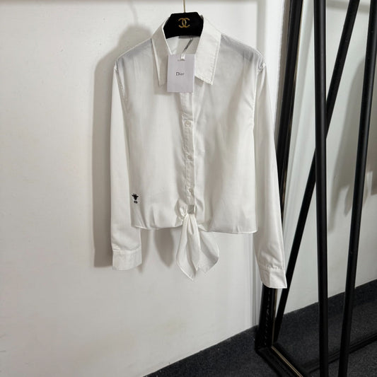 25 Summer new style bee embroidery tied waist long sleeve shirt