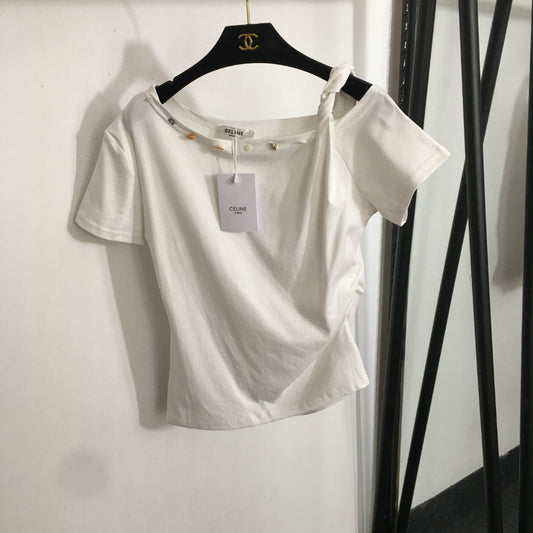 25 Summer new shell conch buckle decoration oblique shoulder strap short-sleeved T-shirt top
