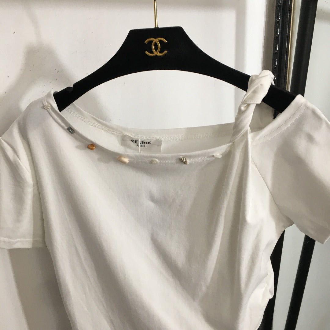 25 Summer new shell conch buckle decoration oblique shoulder strap short-sleeved T-shirt top