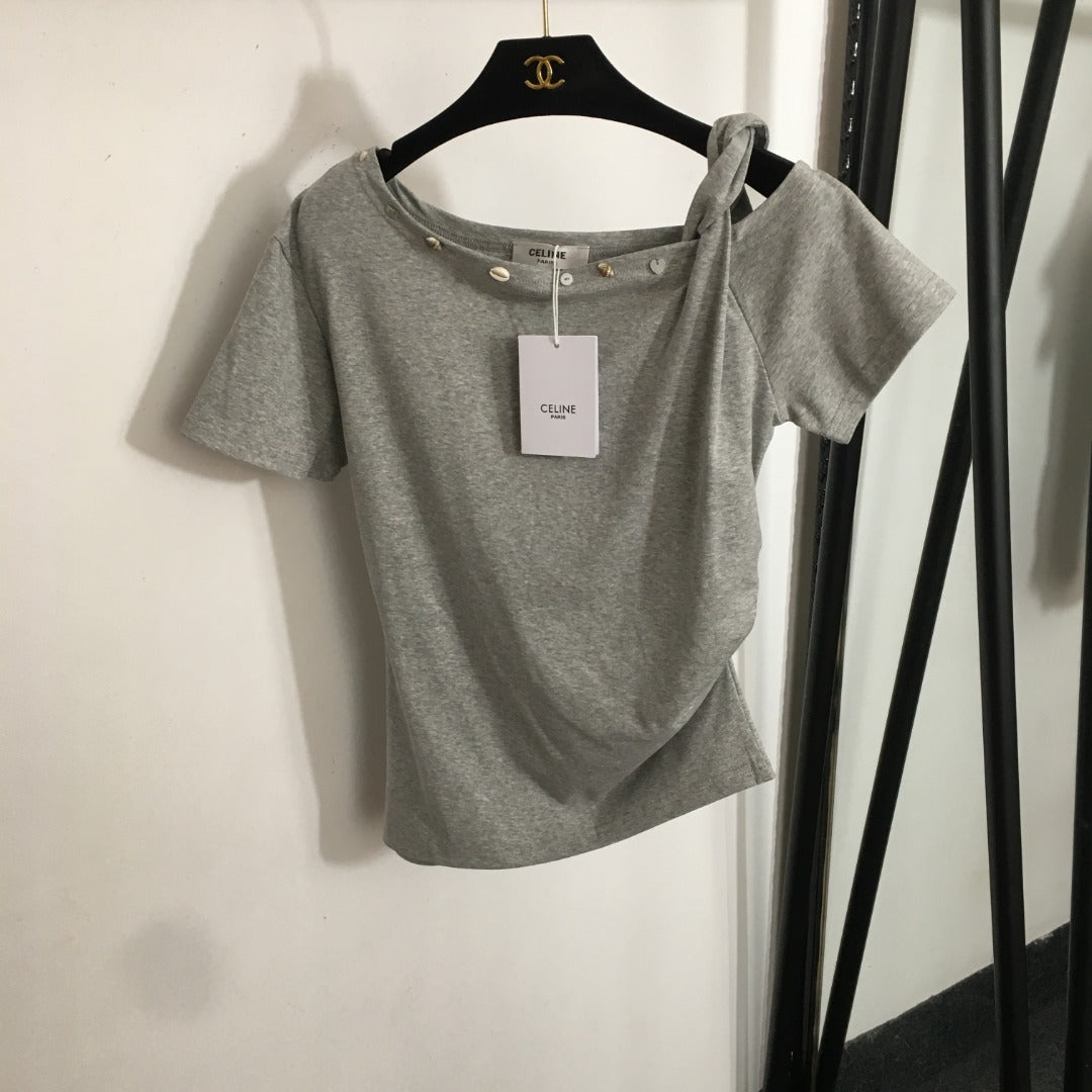 25 Summer new shell conch buckle decoration oblique shoulder strap short-sleeved T-shirt top
