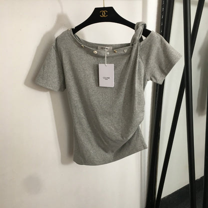 25 Summer new shell conch buckle decoration oblique shoulder strap short-sleeved T-shirt top