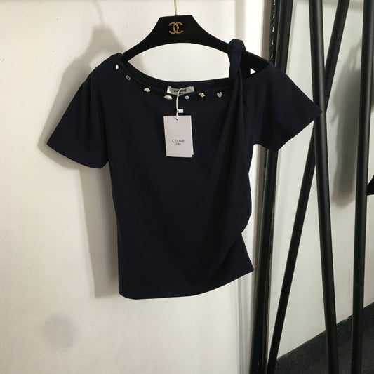 25 Summer new shell conch buckle decoration oblique shoulder strap short-sleeved T-shirt top