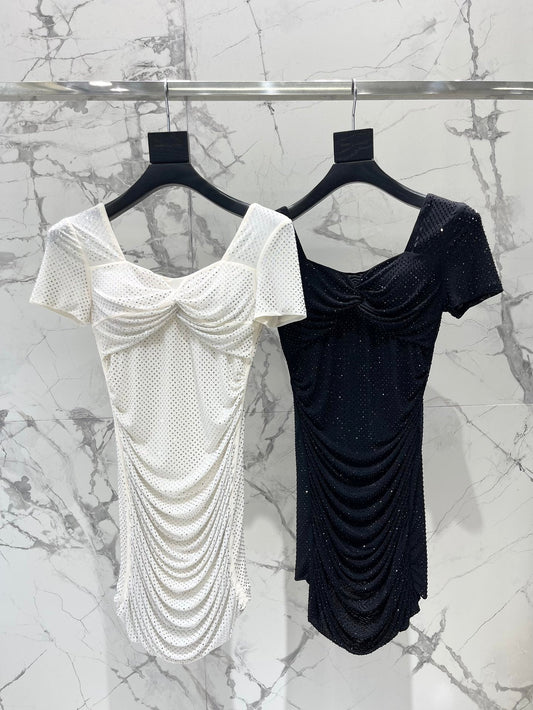 25 Summer new mesh diamond pleated slim dress