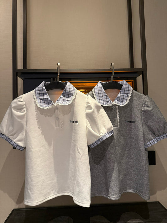 M 25 Letter Embroidery Patchwork Shirt Short Sleeve Lantern Skirt Set