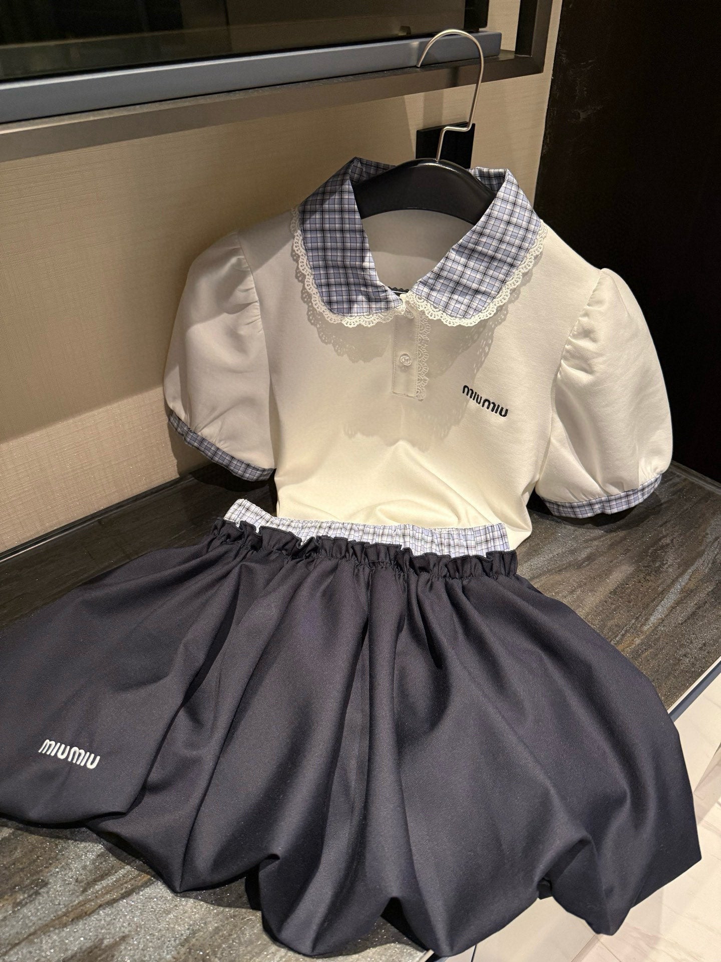 M 25 Letter Embroidery Patchwork Shirt Short Sleeve Lantern Skirt Set