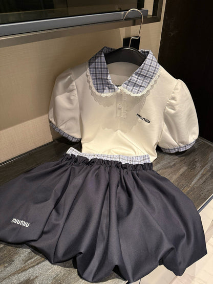 M 25 Letter Embroidery Patchwork Shirt Short Sleeve Lantern Skirt Set