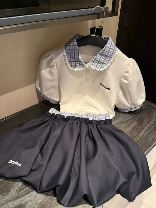 M 25 Letter Embroidery Patchwork Shirt Short Sleeve Lantern Skirt Set