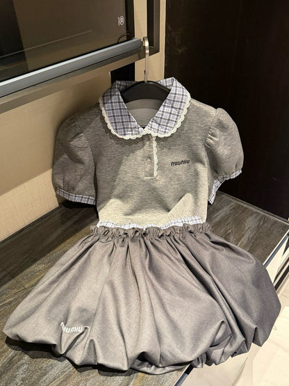 M 25 Letter Embroidery Patchwork Shirt Short Sleeve Lantern Skirt Set