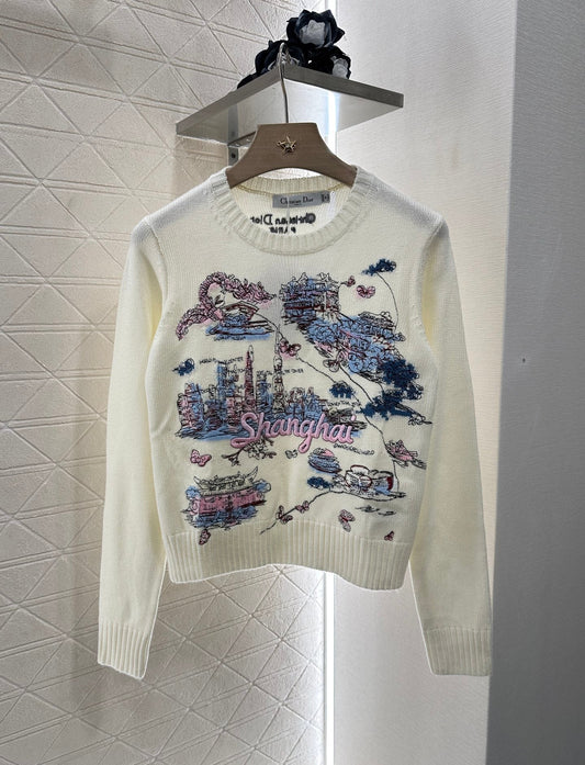 D 2025 Summer New Cityscape Embroidered Pullover Sweater