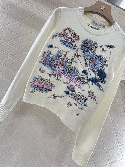D 2025 Summer New Cityscape Embroidered Pullover Sweater