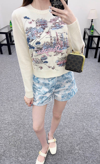 D 2025 Summer New Cityscape Embroidered Pullover Sweater