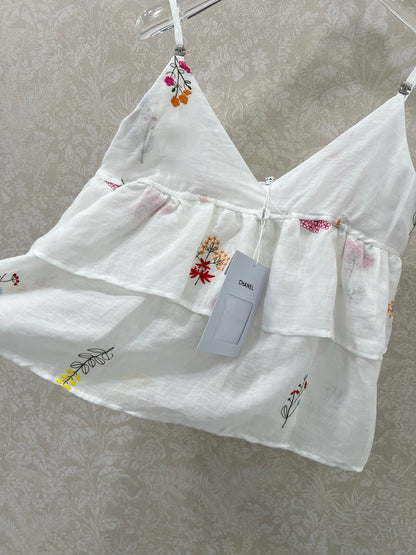 C 25 Summer new white color thread embroidery retro pure desire camisole
