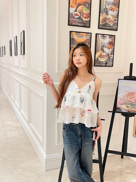 C 25 Summer new white color thread embroidery retro pure desire camisole