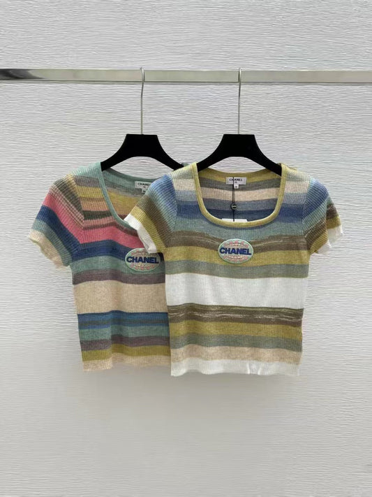 C 2025 Summer New Color Striped Knitted Short Sleeve Top