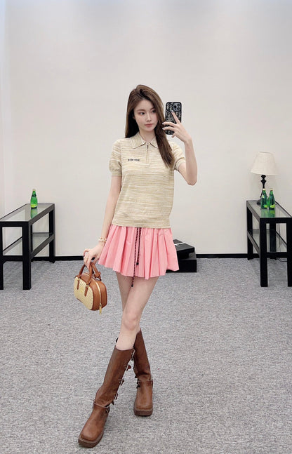 m 2025 Summer New Half-open Lapel Knitted Short Sleeves