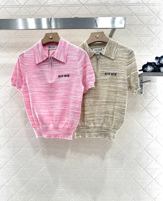 m 2025 Summer New Half-open Lapel Knitted Short Sleeves