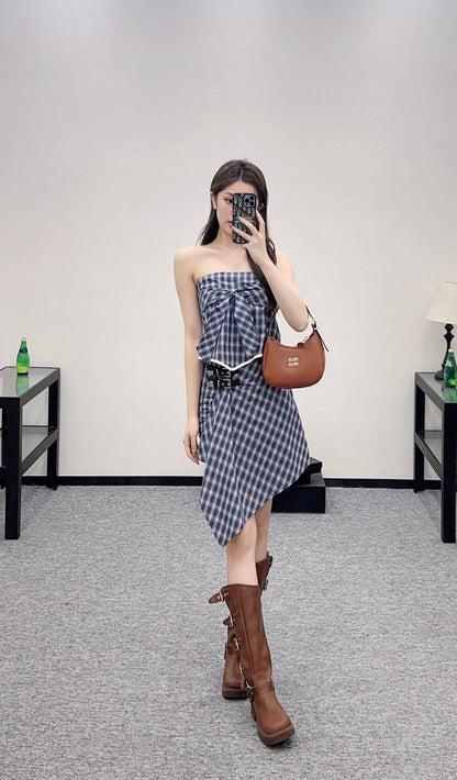 M 2025 Summer New Plaid Tube Top Miniskirt Set