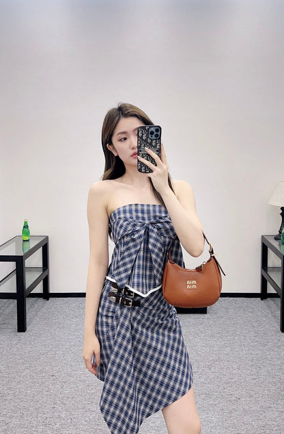 M 2025 Summer New Plaid Tube Top Miniskirt Set