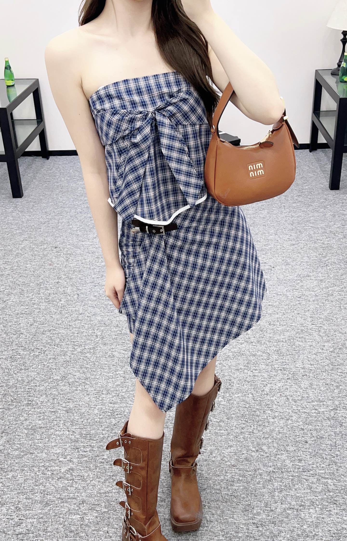 M 2025 Summer New Plaid Tube Top Miniskirt Set