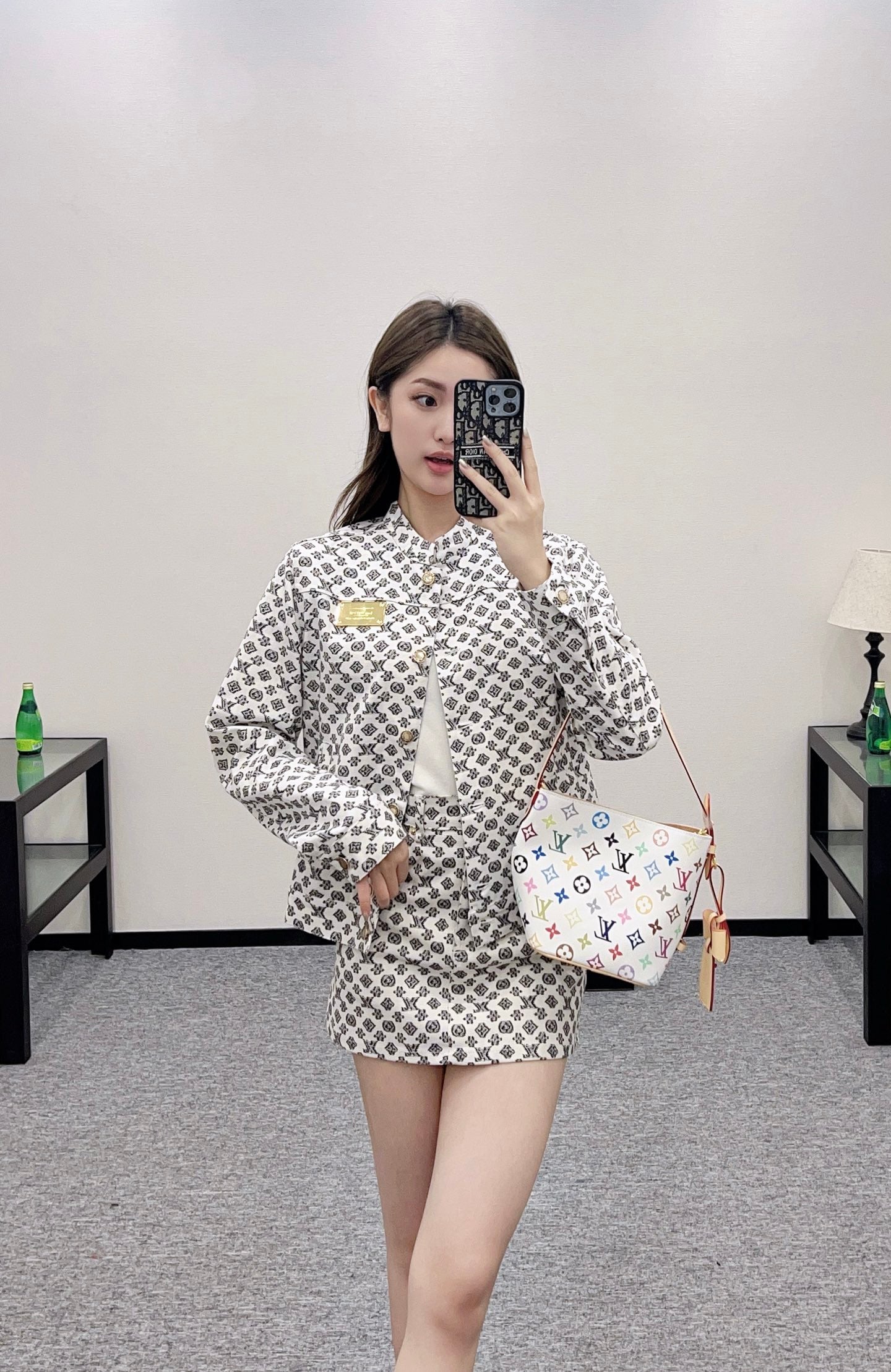 L 2025 Summer New Printed Denim Jacket Coat Short Skirt Suit