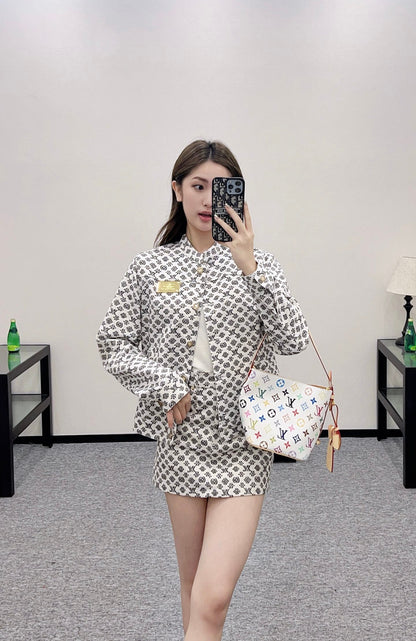 L 2025 Summer New Printed Denim Jacket Coat Short Skirt Suit
