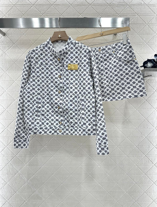 L 2025 Summer New Printed Denim Jacket Coat Short Skirt Suit