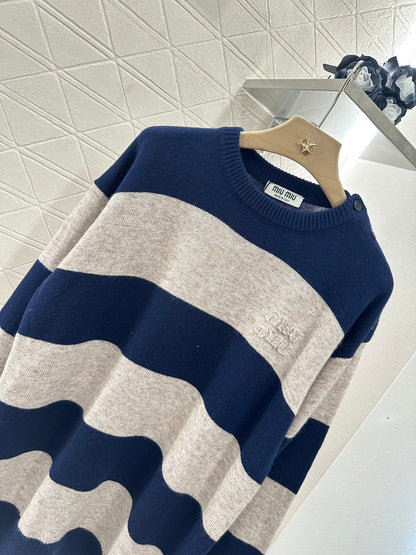 m 2025 Summer New Arrival Letter Striped Round Neck Sweater