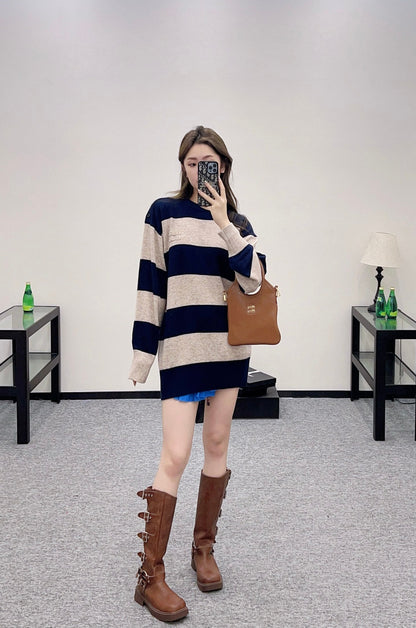 m 2025 Summer New Arrival Letter Striped Round Neck Sweater