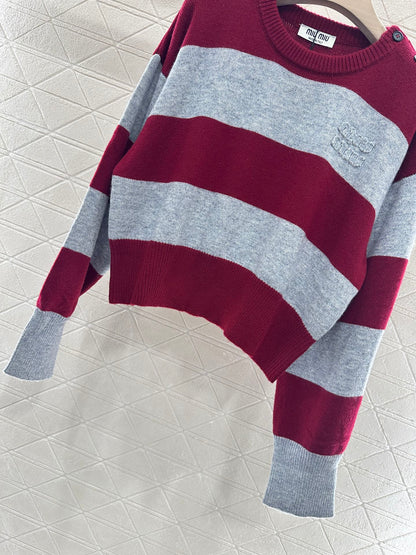 m 2025 Summer New Arrival Letter Striped Round Neck Sweater