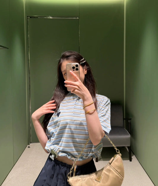 P 2025 new style lapel striped short-sleeved Polo shirt