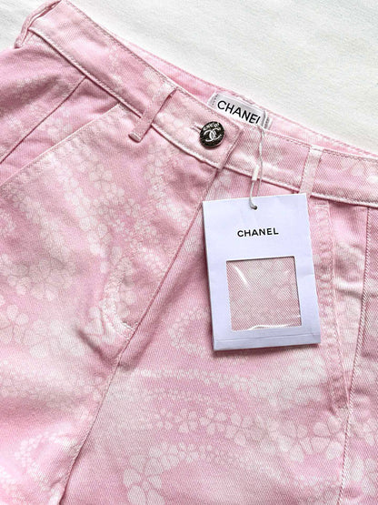 C 25 New Camellia logo positioning print fashion denim pants