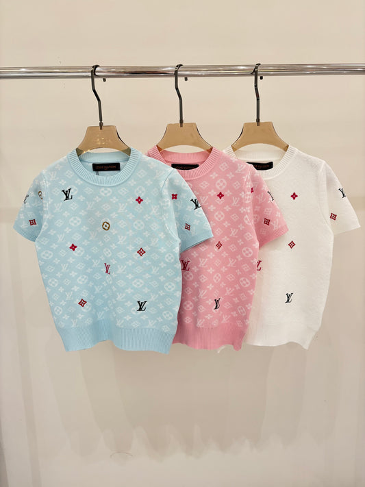 L 25 Early Spring New Round Neck Letter Logo Embroidery Diamond Pattern Casual Knitted Short Sleeve