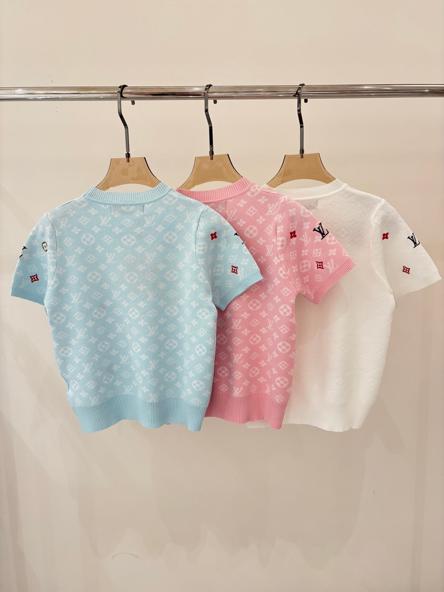 L 25 Early Spring New Round Neck Letter Logo Embroidery Diamond Pattern Casual Knitted Short Sleeve