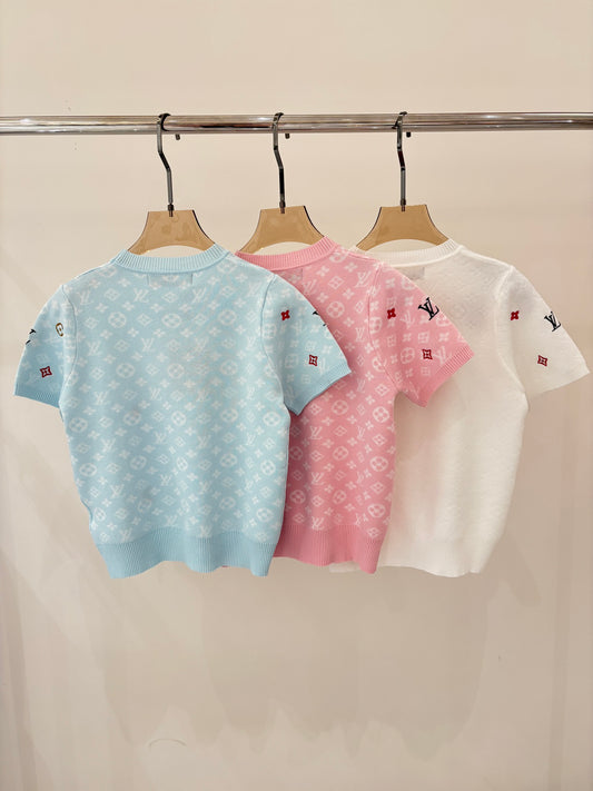 L 25 Early Spring New Round Neck Letter Logo Embroidery Diamond Pattern Casual Knitted Short Sleeve