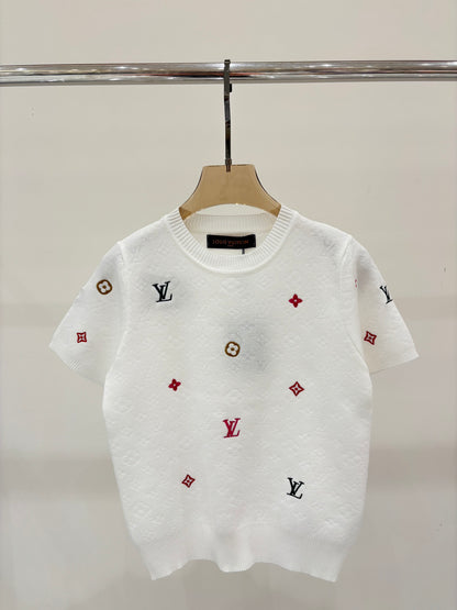 L 25 Early Spring New Round Neck Letter Logo Embroidery Diamond Pattern Casual Knitted Short Sleeve