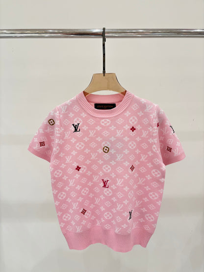 L 25 Early Spring New Round Neck Letter Logo Embroidery Diamond Pattern Casual Knitted Short Sleeve