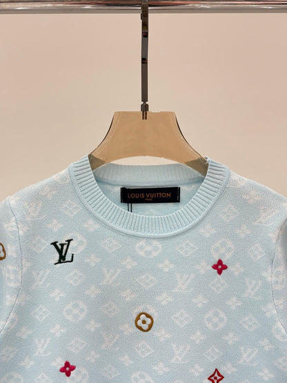 L 25 Early Spring New Round Neck Letter Logo Embroidery Diamond Pattern Casual Knitted Short Sleeve