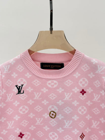 L 25 Early Spring New Round Neck Letter Logo Embroidery Diamond Pattern Casual Knitted Short Sleeve