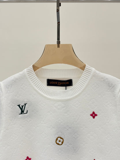 L 25 Early Spring New Round Neck Letter Logo Embroidery Diamond Pattern Casual Knitted Short Sleeve