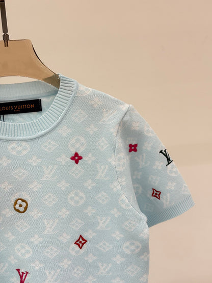 L 25 Early Spring New Round Neck Letter Logo Embroidery Diamond Pattern Casual Knitted Short Sleeve