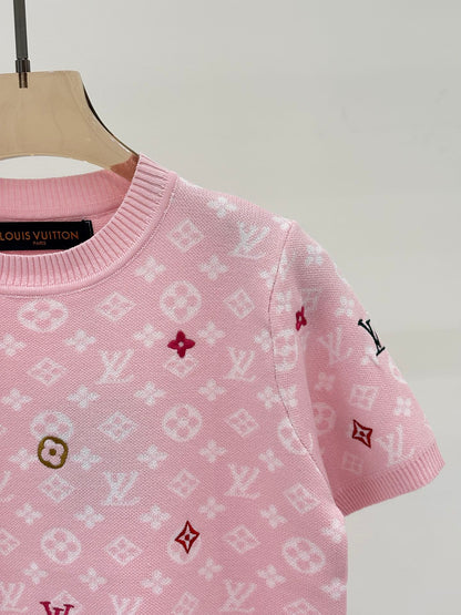 L 25 Early Spring New Round Neck Letter Logo Embroidery Diamond Pattern Casual Knitted Short Sleeve