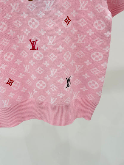L 25 Early Spring New Round Neck Letter Logo Embroidery Diamond Pattern Casual Knitted Short Sleeve