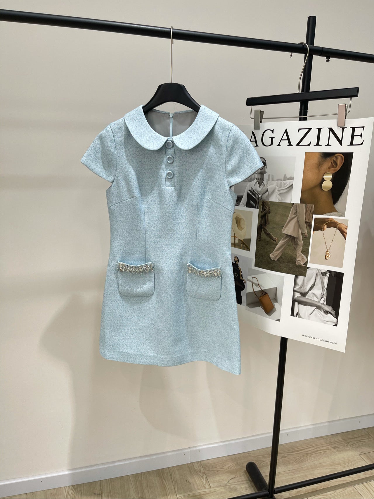 25 Summer new light blue diamond tweed short-sleeved dress