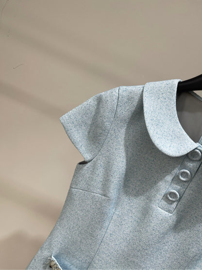 25 Summer new light blue diamond tweed short-sleeved dress